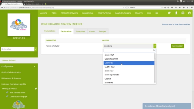 Configuration du module station essence nom du client openflex