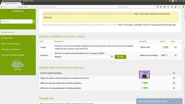 Configuration du module Support client-interface publique openflex
