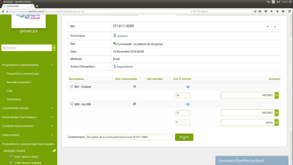 Réception des commandes fournisseurs ventiller openflex