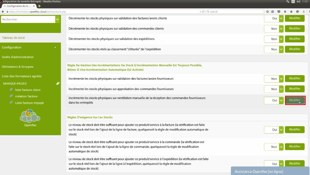 configuration du stock-modifier openflex
