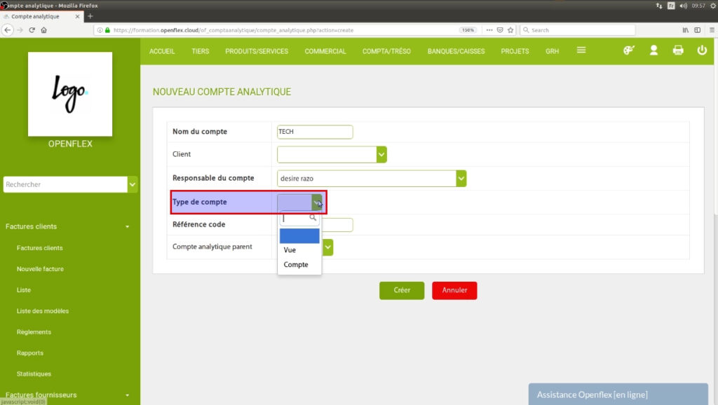 Création d’un compte analytique-type de compte openflex
