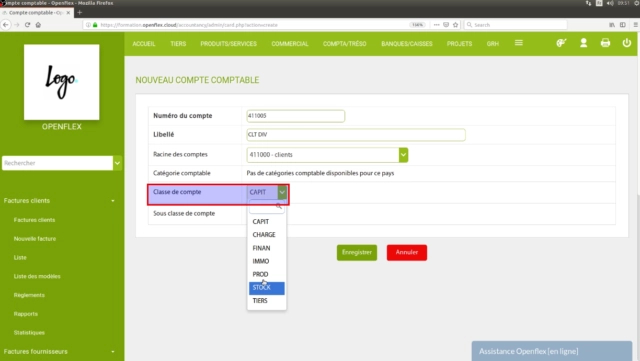 Création d’un compte comptable -classe de compte
openflex
