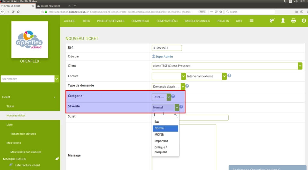 création de ticket -catégorie et la sévérité