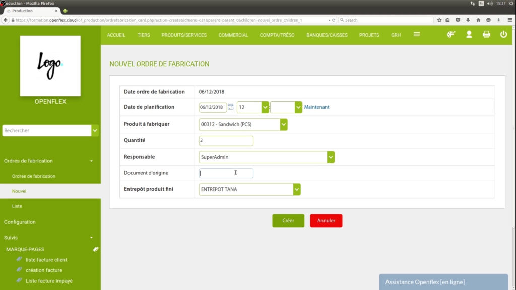 Création d’un ordre de fabrication-nouvel ordre de fabrication openflex
