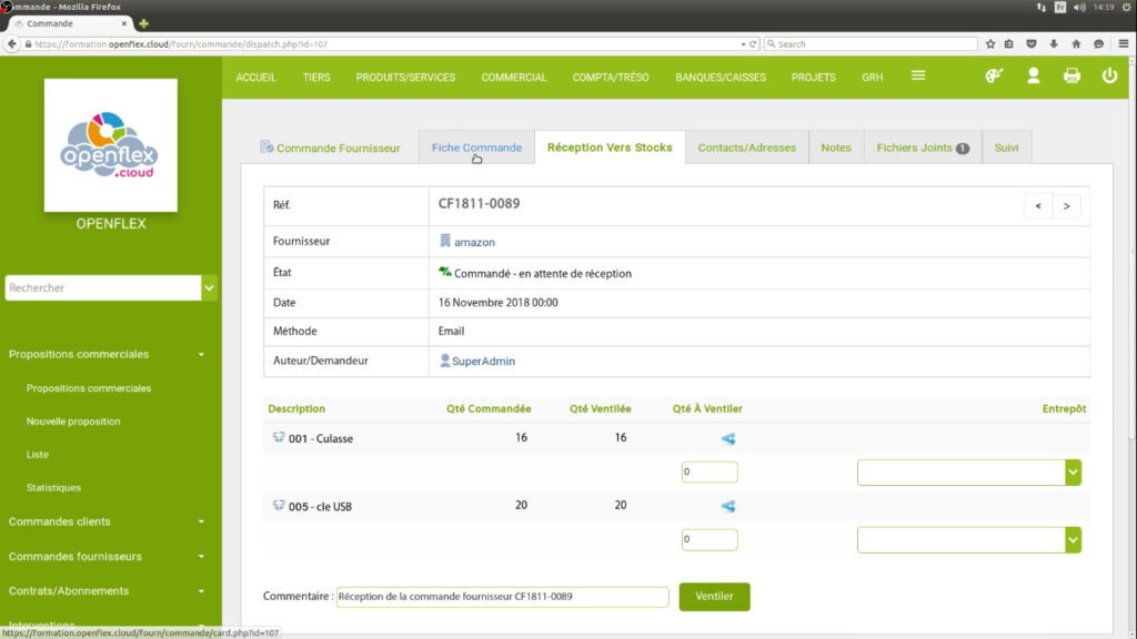 Réception des commandes fournisseurs fiche commande openflex