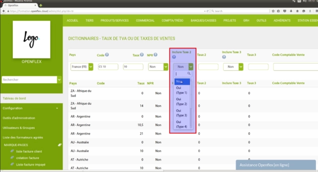 Ajout de taxes dans le dictionnaire-type de la taxe openflex