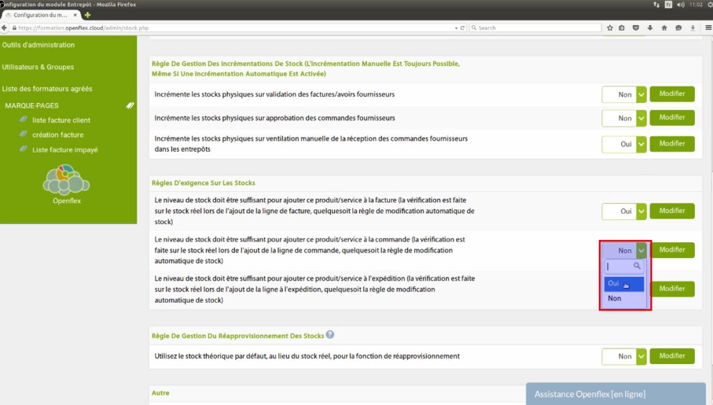 configuration du stock-regles d'exigence de stock openflex
