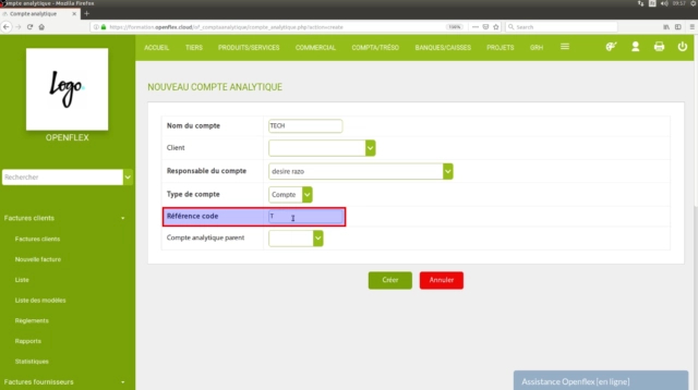 Création d’un compte analytique-référence code openflex
