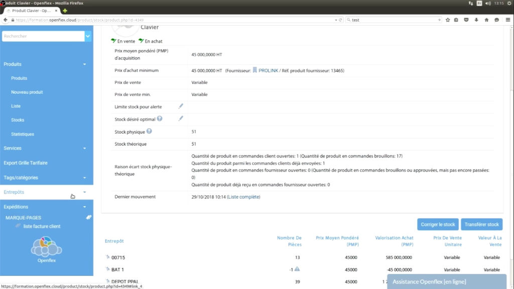 Correction de stock entrepôt openflex