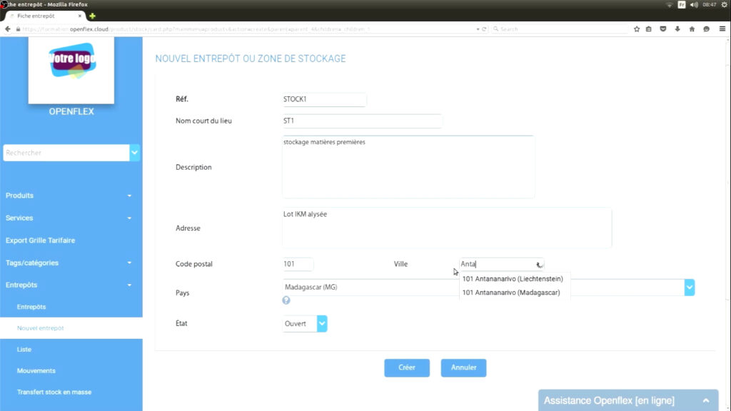 Création entrepôt ville openflex