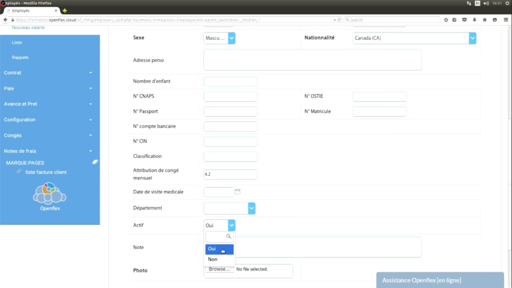 Création d’un salarié  actif ou non openflex
