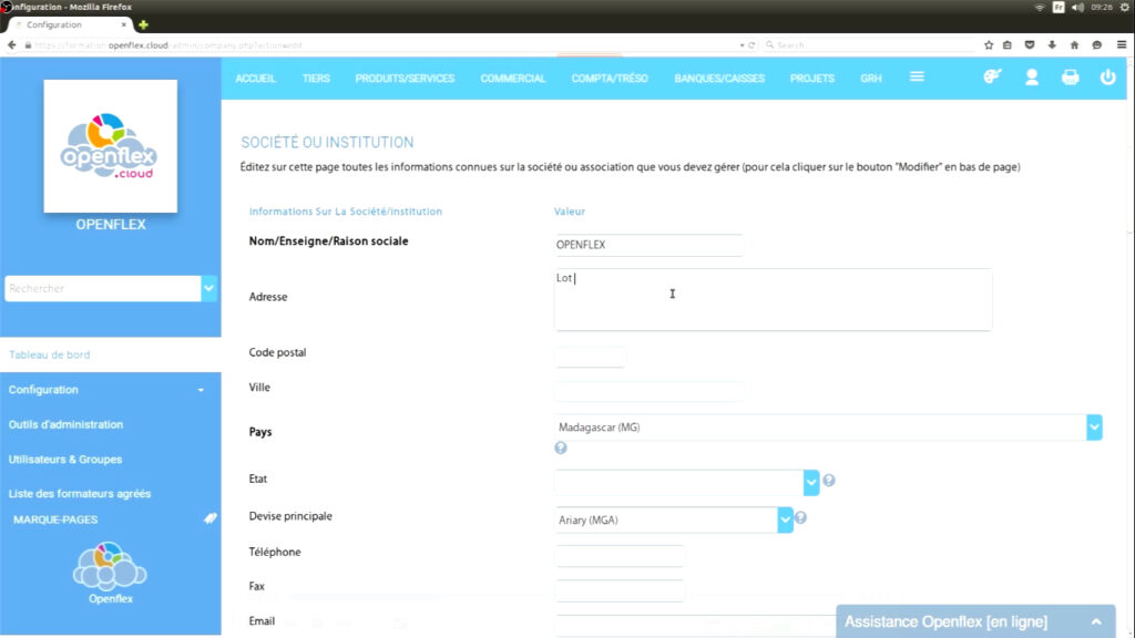 Configuration des informations de votre société adresse openflex