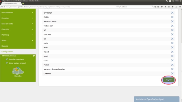 Configuration du module flotte véhicule ajouter openflex