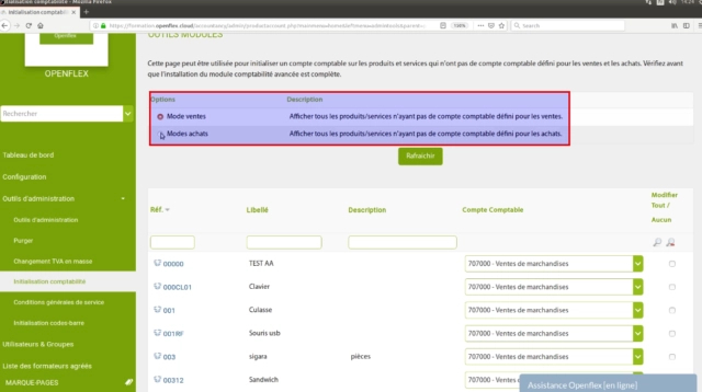 attribution de compte comptable -options-mode ventes-mode achats