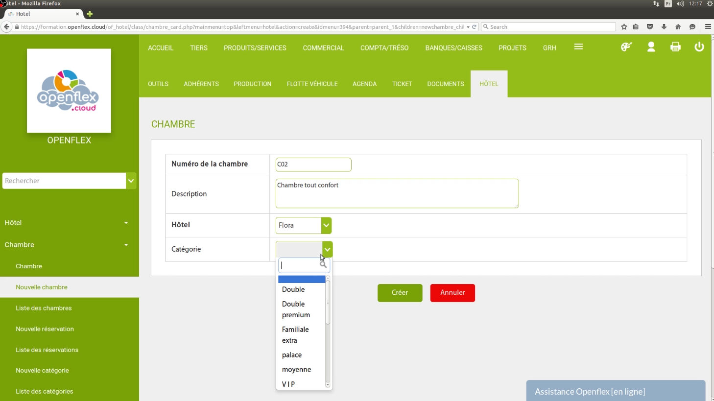 Création d’une chambre catégorie openflex