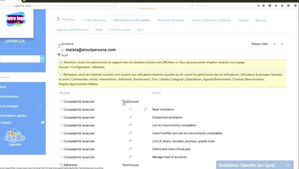 Attribution de droits d’accès utilisateur tout openflex