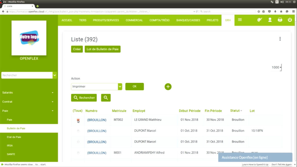Édition d’un bulletin de paie valider en masse openflex
