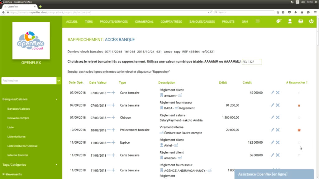 Faire un rapprochement bancaire écritures à rapprocher openflex