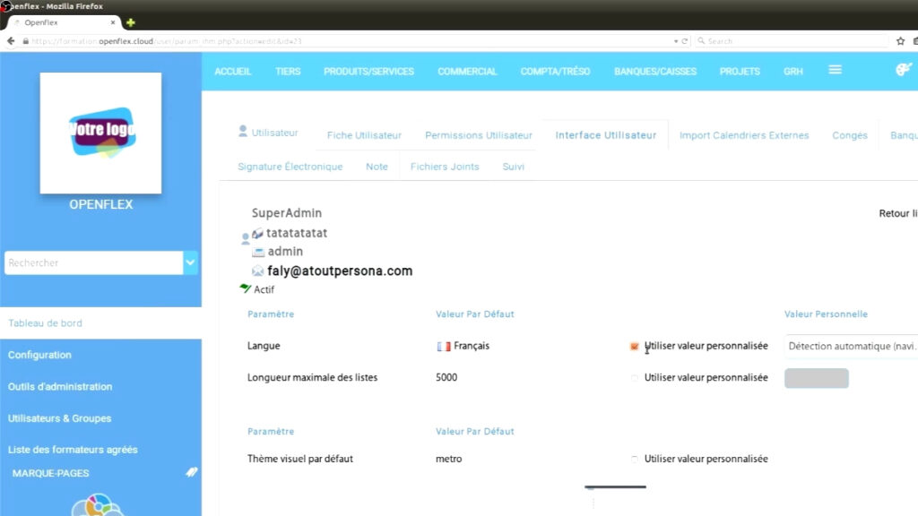 Comment modifier la langue de l’interface cochez utiliser valeur personnalisée openflex