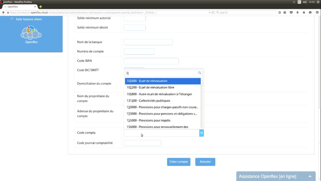 Création de compte financier code compta openflex