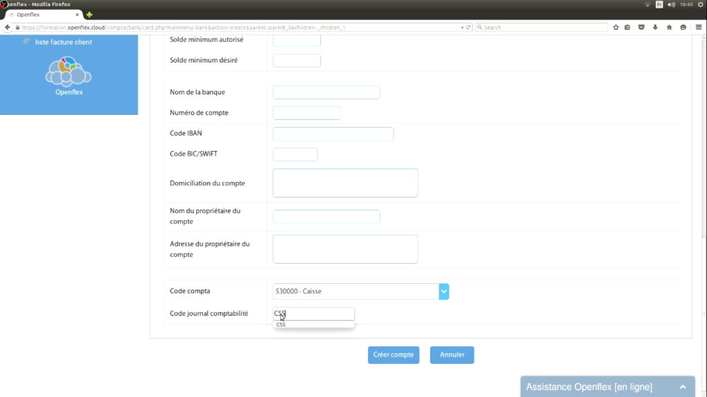 Création de compte financier code journal openflex