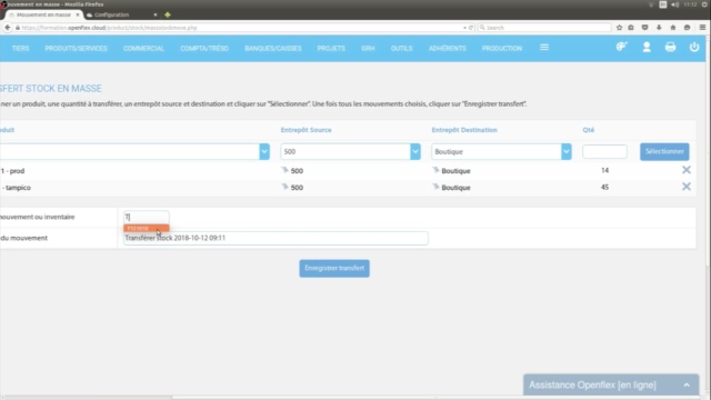 Transfert de stock en masse code du mouvement openflex