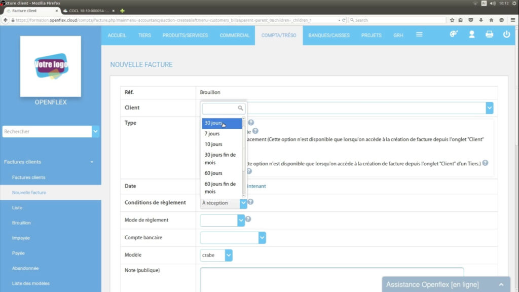Comment créer une facture client condition de règlement openflex