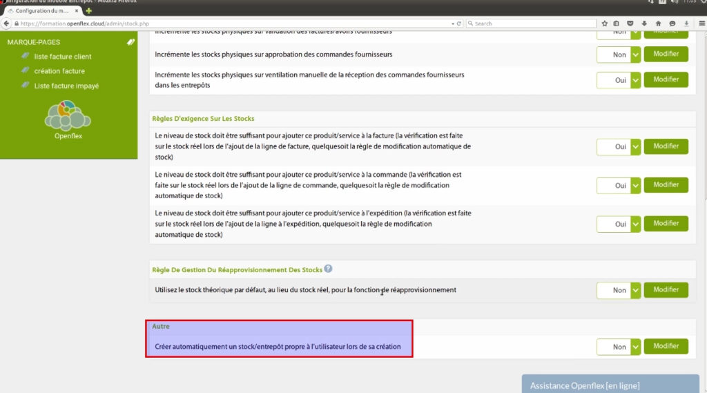 configuration du stock-autre openflex
