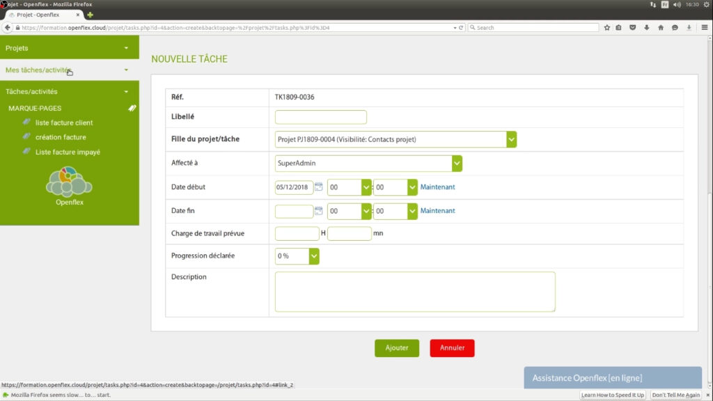 Création de tâches nouvelle tâches openflex