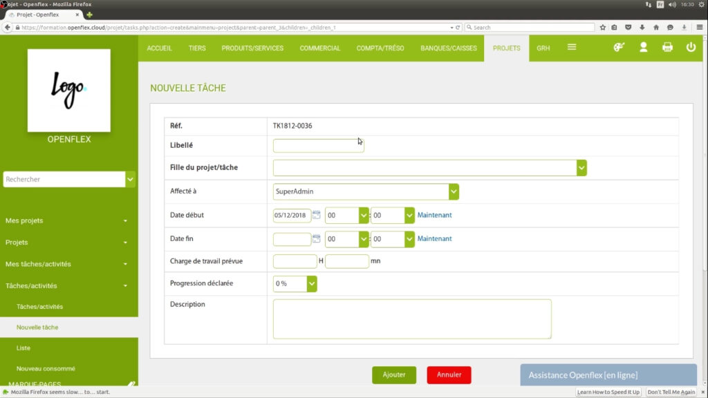 Création de tâches projet- ajout projet openflex