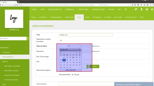 Création d’un événement dans l’agenda-date de l’événement openflex
