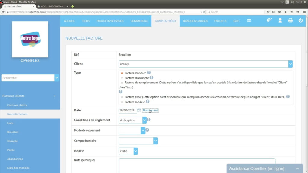 Comment créer une facture client date de facturation openflex