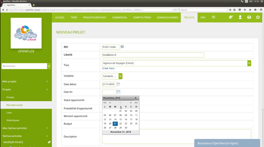 Création d’un projet nouveau projet  date openflex