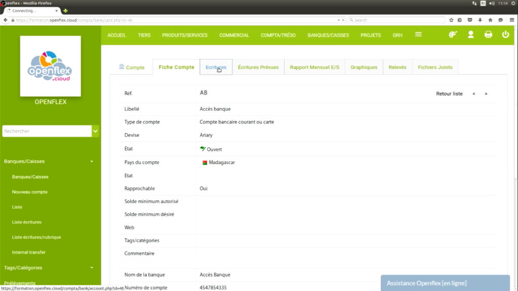 Faire un rapprochement bancaire écriture openflex