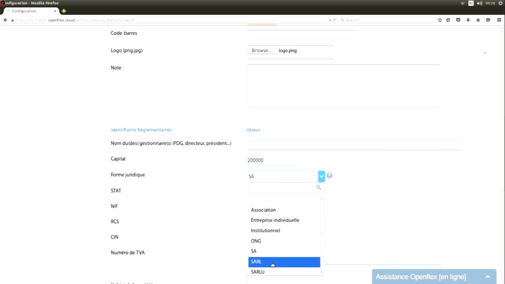 Configuration des informations de votre société forme juridique openflex