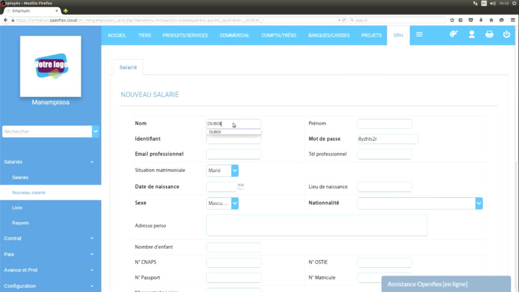 Création d’un salarié formulaire du salarié openflex 