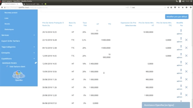 Changement du prix de vente d’un article historique de variation de prix openflex