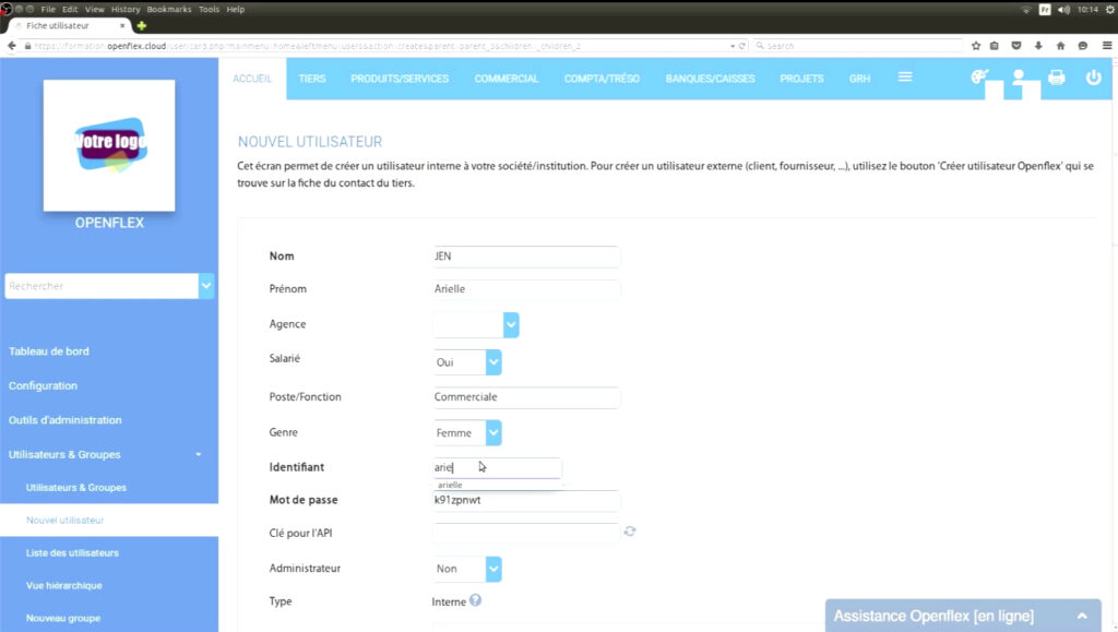 Création d’un utilisateur  identifiant openflex
