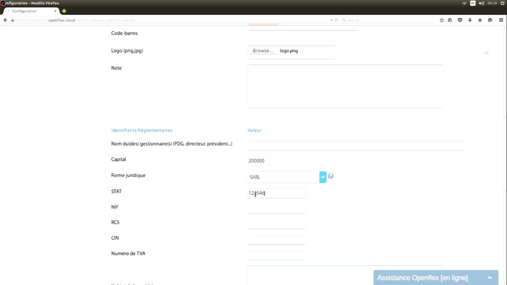 Configuration des informations de votre société identifiants professionnels openflex