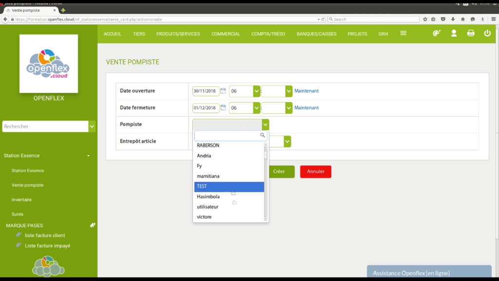 Enregistrement ventes et versements pompiste pompiste openflex