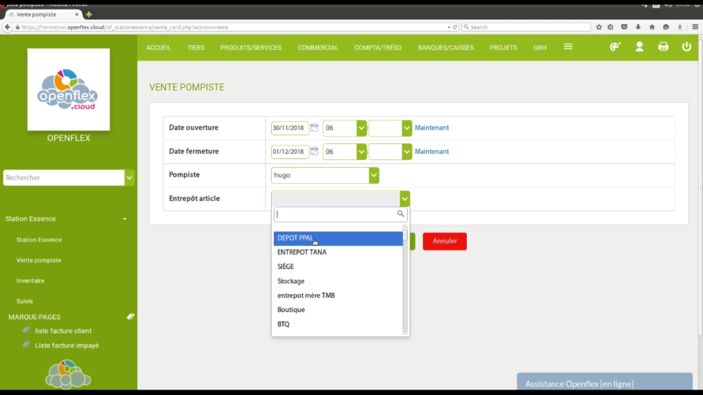 Enregistrement ventes et versements pompiste entrepôt openflex