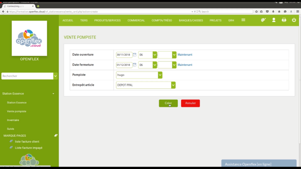 Enregistrement ventes et versements pompiste créer openflex