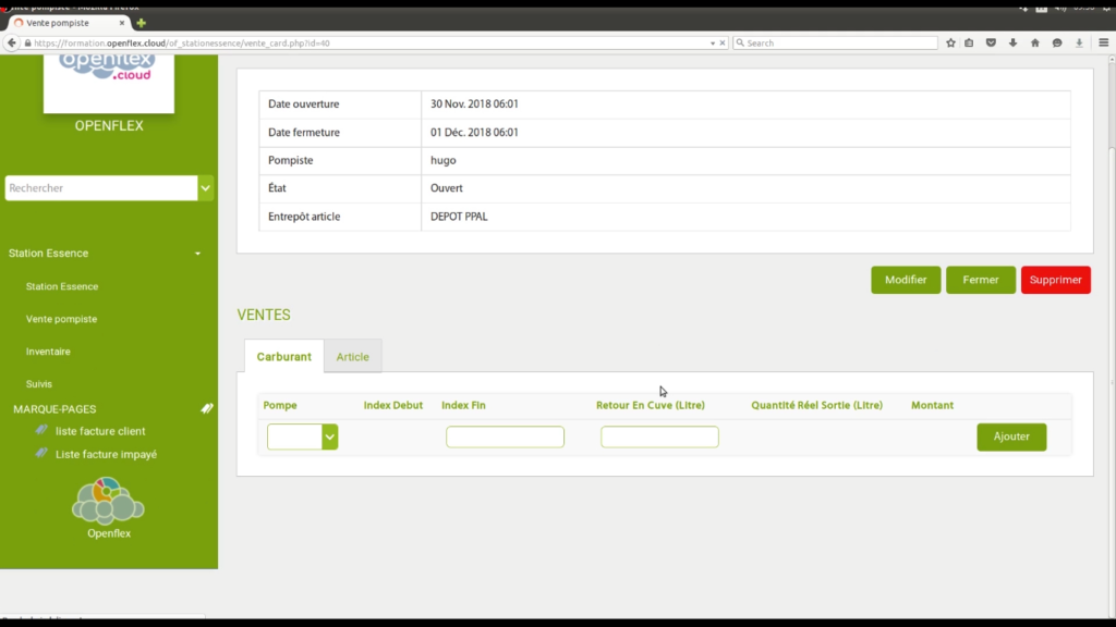 Enregistrement ventes et versements pompiste interface de ventes openflex
