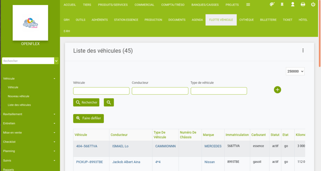 Création d’un nouveau véhicule flotte véhicule openflex