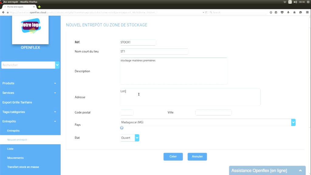 Création entrepôt adresse openflex