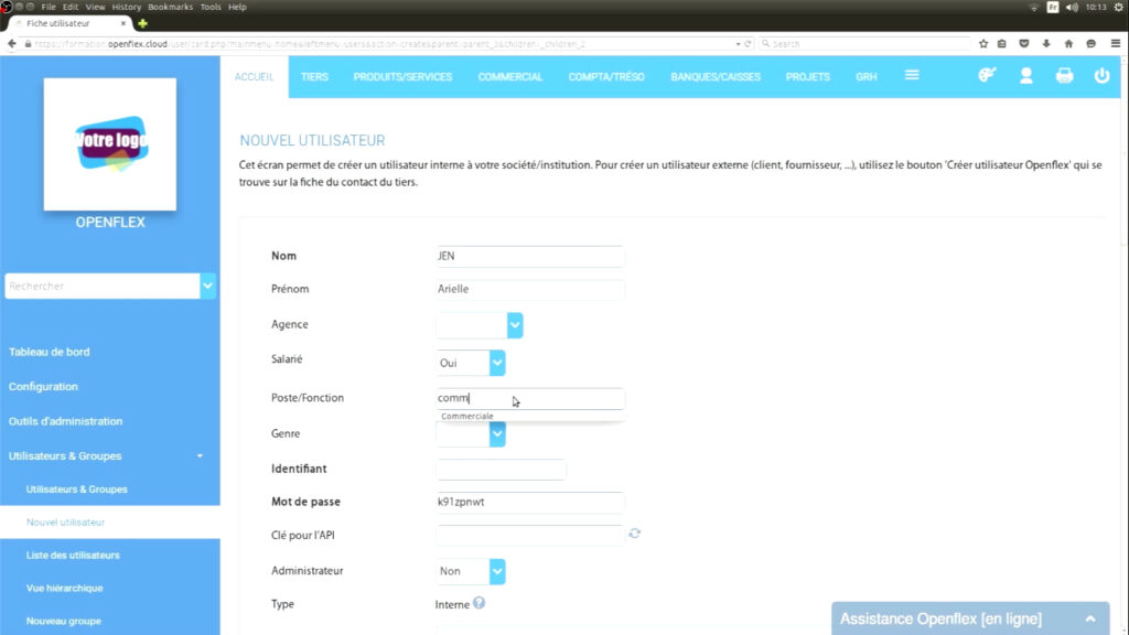 Création d’un utilisateur  fonction openflex