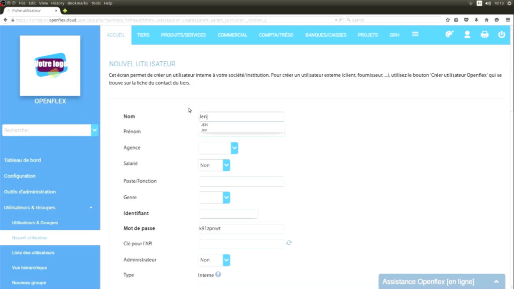 Création d’un utilisateur  nom openflex