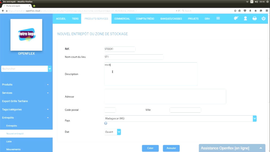 Création entrepôt description openflex