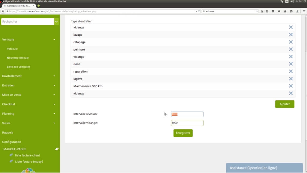 Configuration du module flotte véhicule entretien openflex