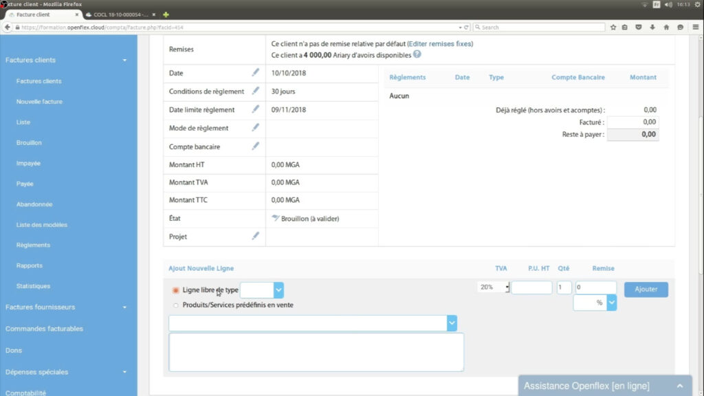 Comment créer une facture client ligne de produit openflex